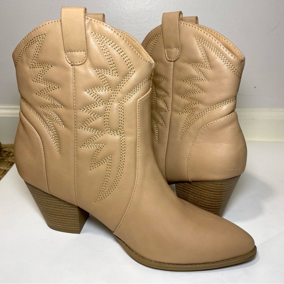 Qupid Texas Trip Embroidered Cowboy Booties Toffee Western Nude Women's Size 10 - Picture 3 of 6